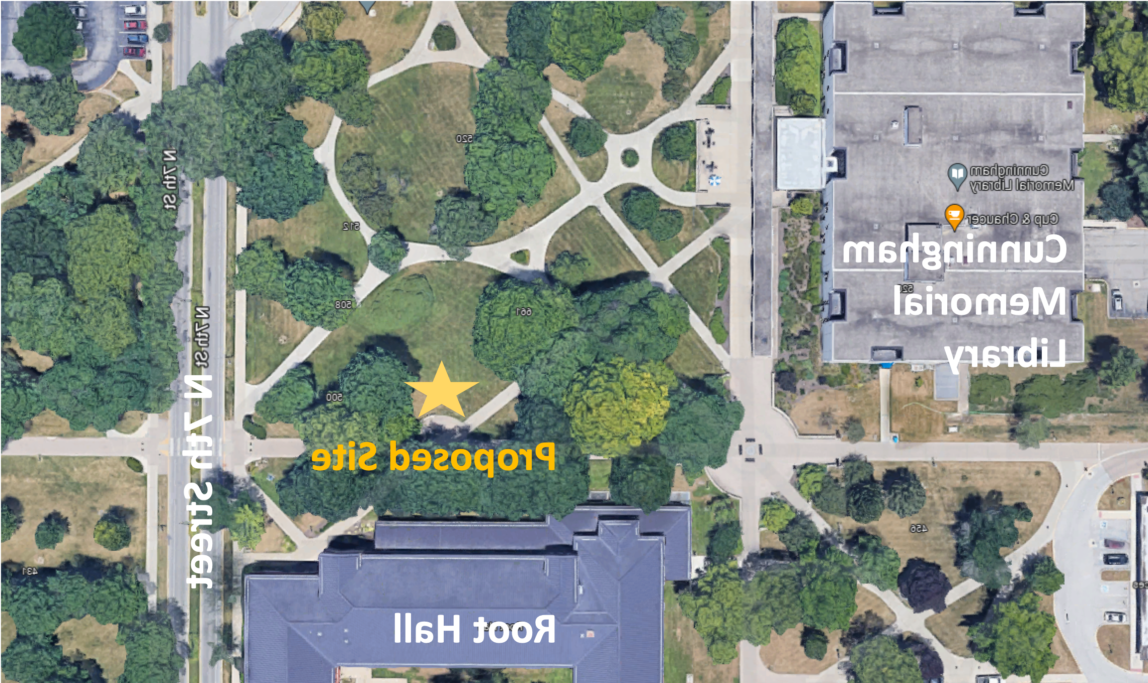 Map showing location of the new National Pan-Hellenic Council Plaza located near Root Hall